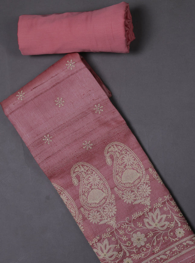 Peach Tussar Silk Unstitched Suit