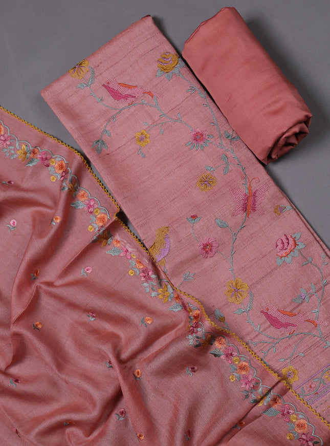 Peach Tussar Silk Unstitched Suit
