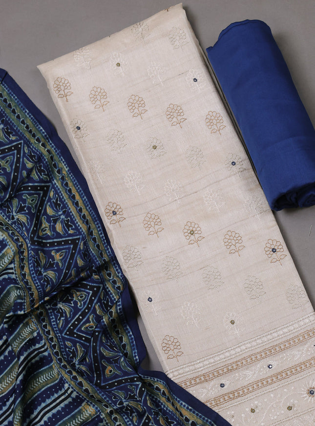 Beige- Blue Tussar Silk Unstitched Suit