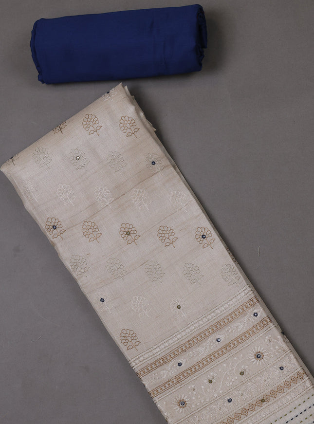 Beige- Blue Tussar Silk Unstitched Suit