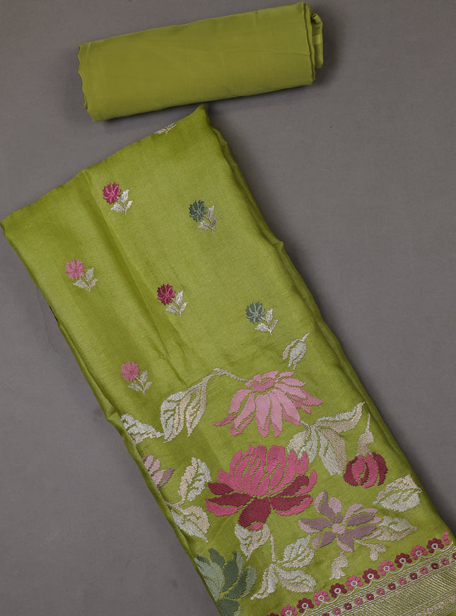 Light Green Tussar Silk Unstitched Suit