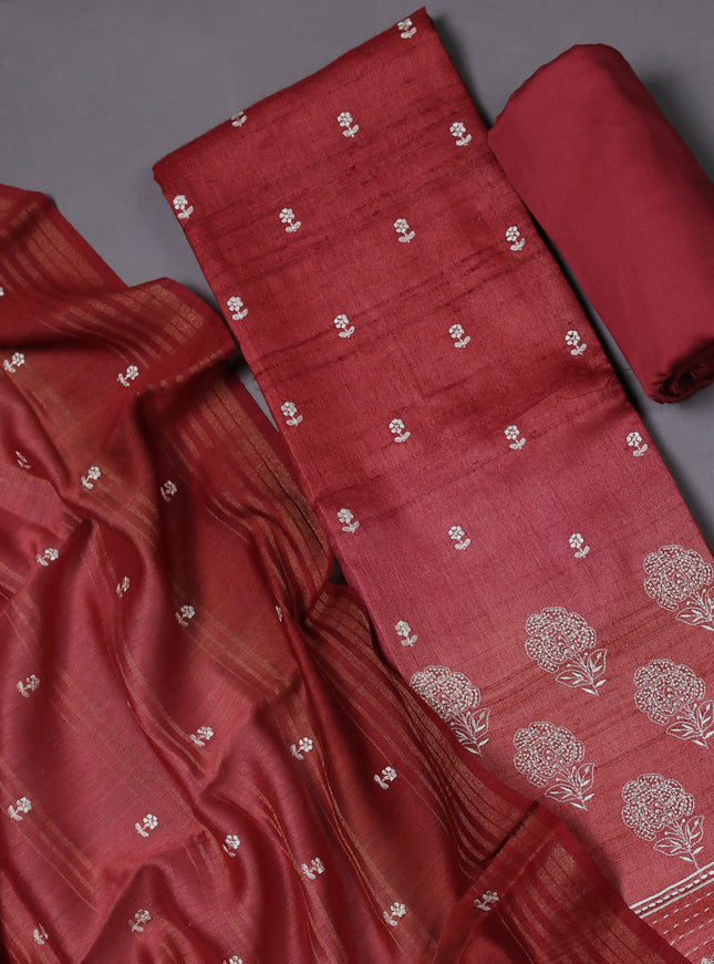 Dark Peach Tussar Silk Unstitched Suit