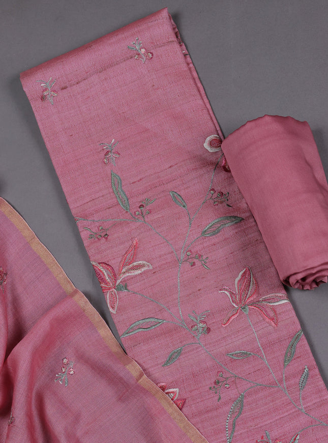 Peach Pink Tussar Silk Unstitched Suit
