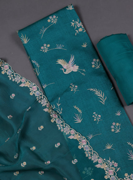 Teal Blue Tussar Silk Unstitched Suit