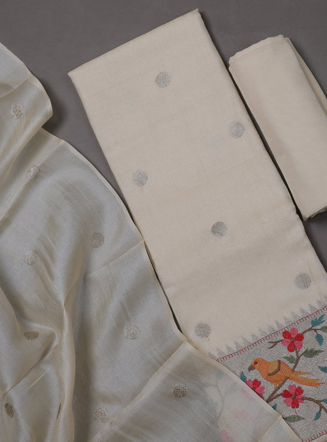 Off white Tussar Silk Unstitched Suit