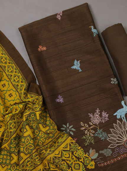 Dark Brown Tussar Silk Unstitched Suit