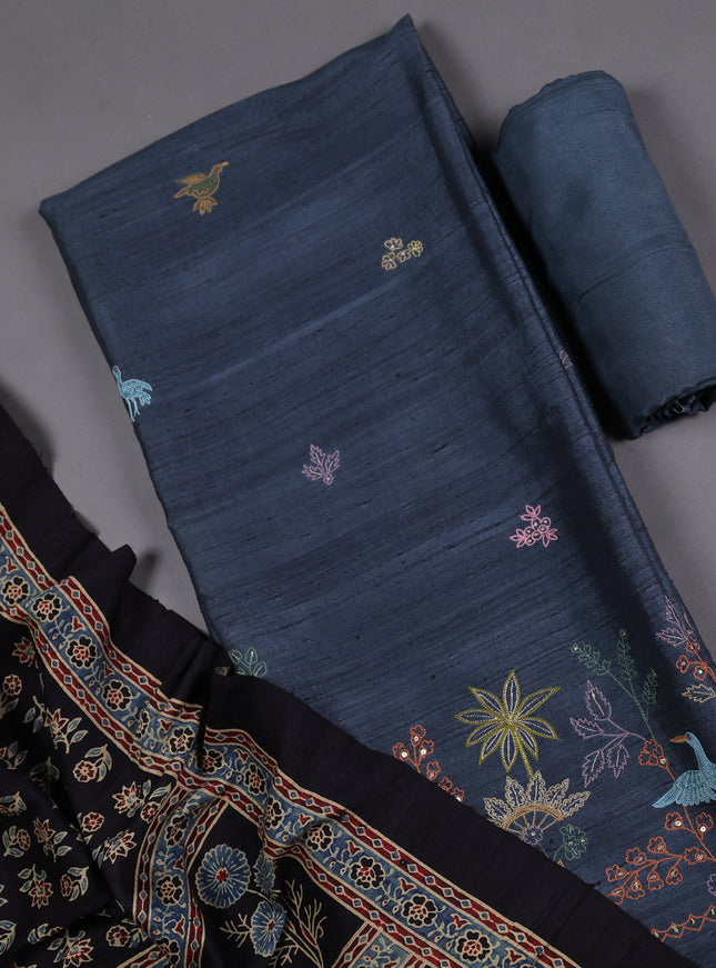 Denim Blue Tussar Silk Unstitched Suit