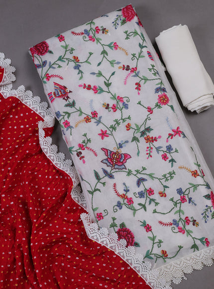 White - Red Organza Silk Unstitched Suits