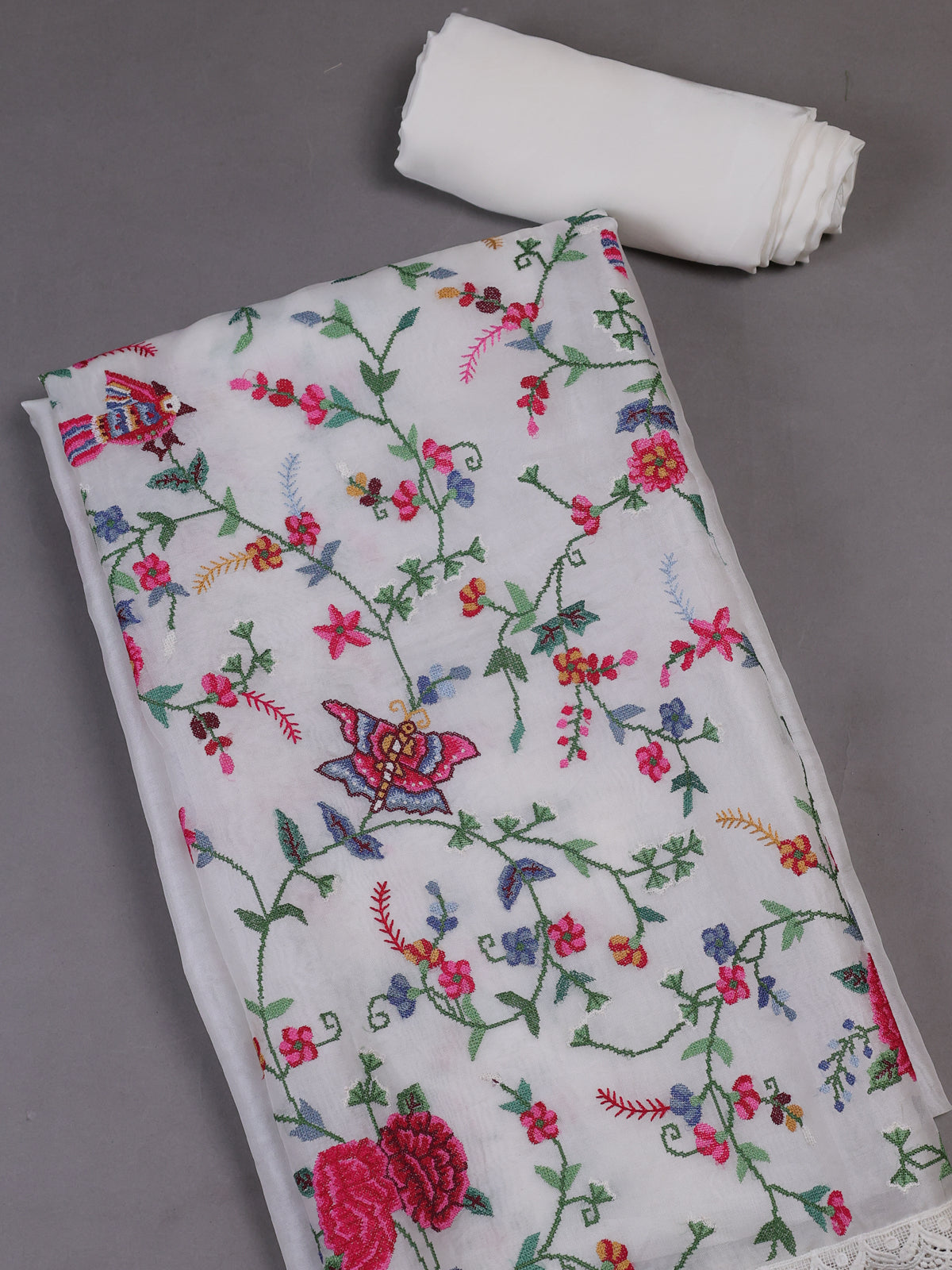 White - Red Organza Silk Unstitched Suits