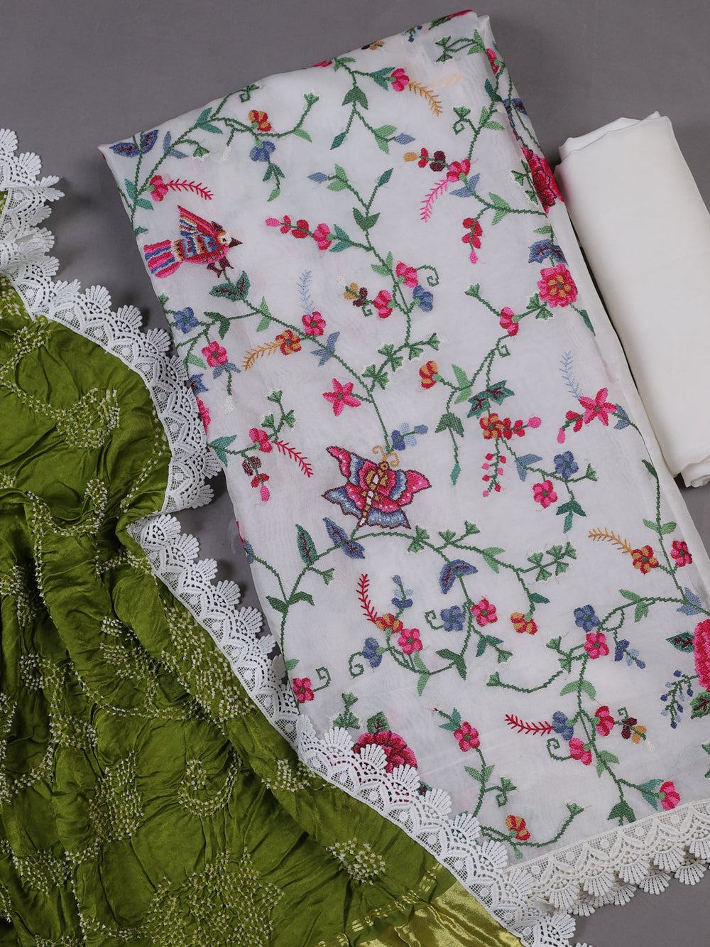 White - Green Organza Silk Unstitched Suits