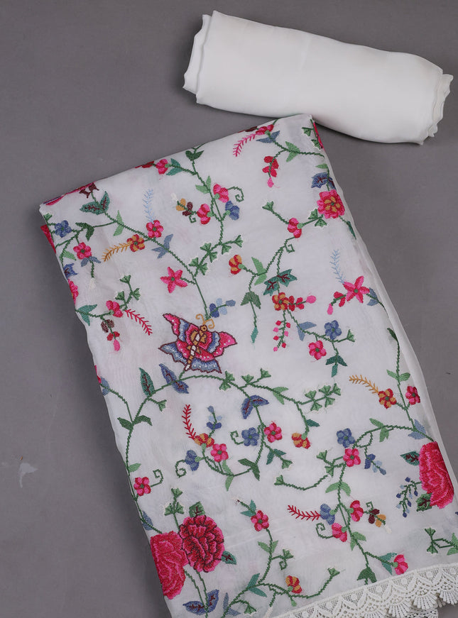 White - Green Organza Silk Unstitched Suits