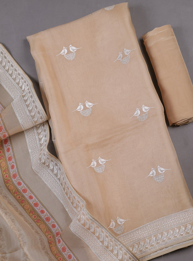 Beige Organza Silk Unstitched Suitas