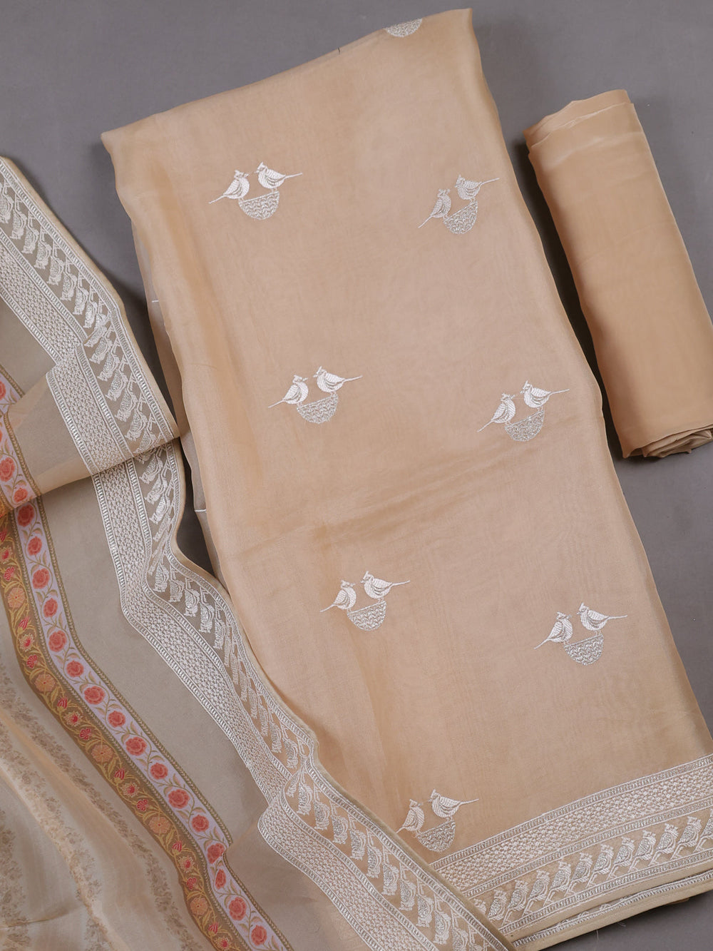 Beige Organza Silk Unstitched Suitas