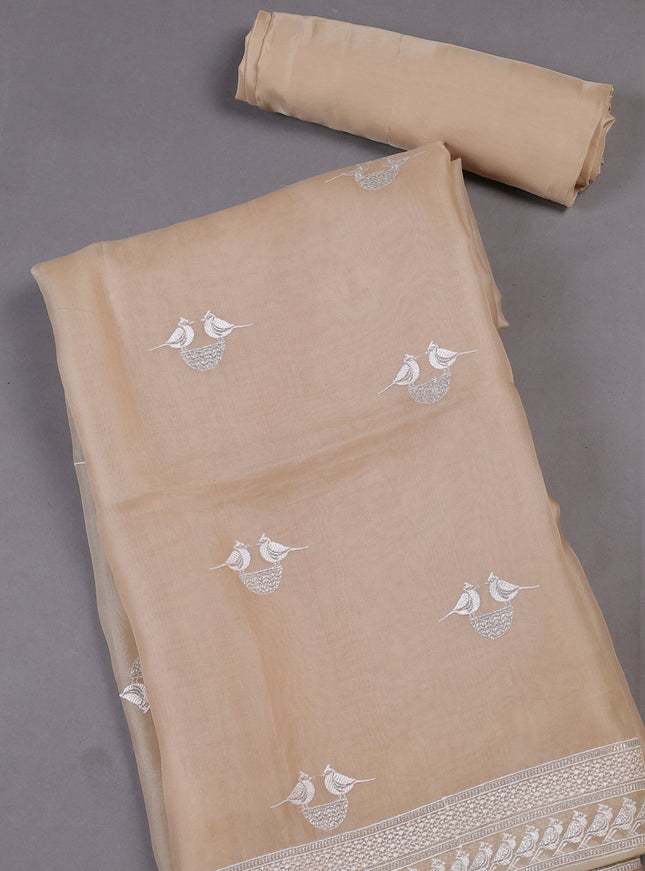 Beige Organza Silk Unstitched Suitas