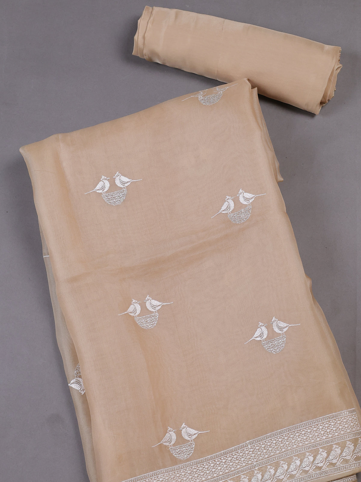 Beige Organza Silk Unstitched Suitas