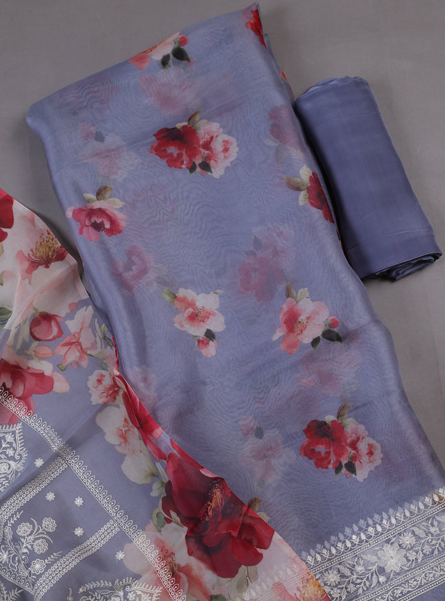Dark Grey Organza Silk Unstitched Suits