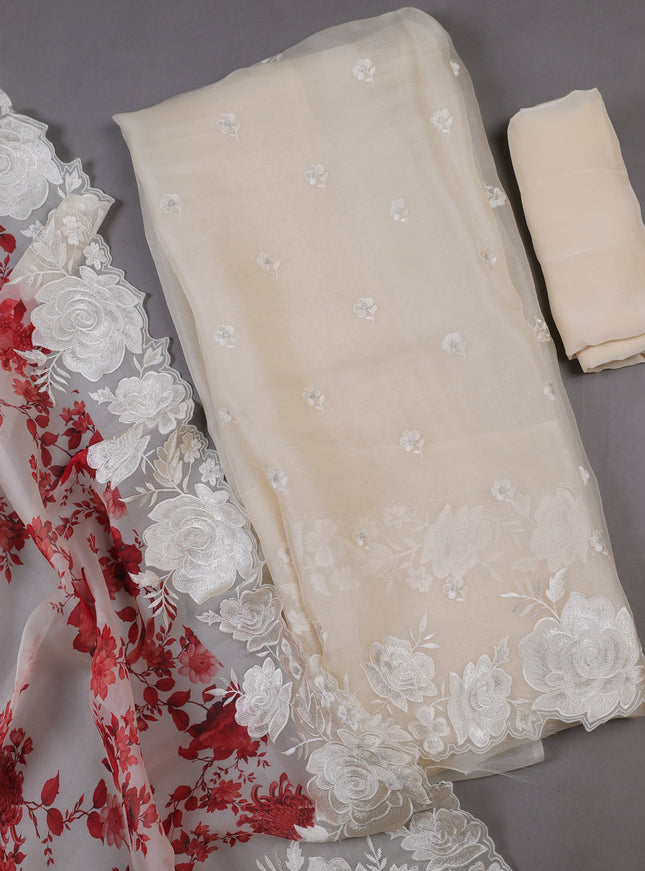 Beige Organza Silk Unstitched Suits