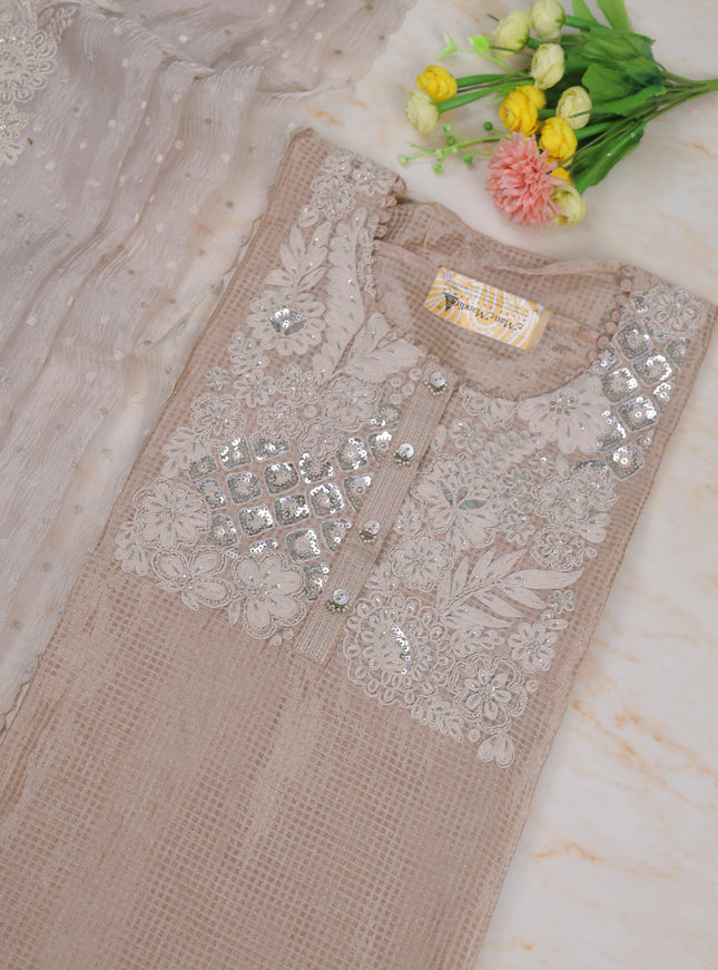 Beige-Silver Tissue Unstitched Suit