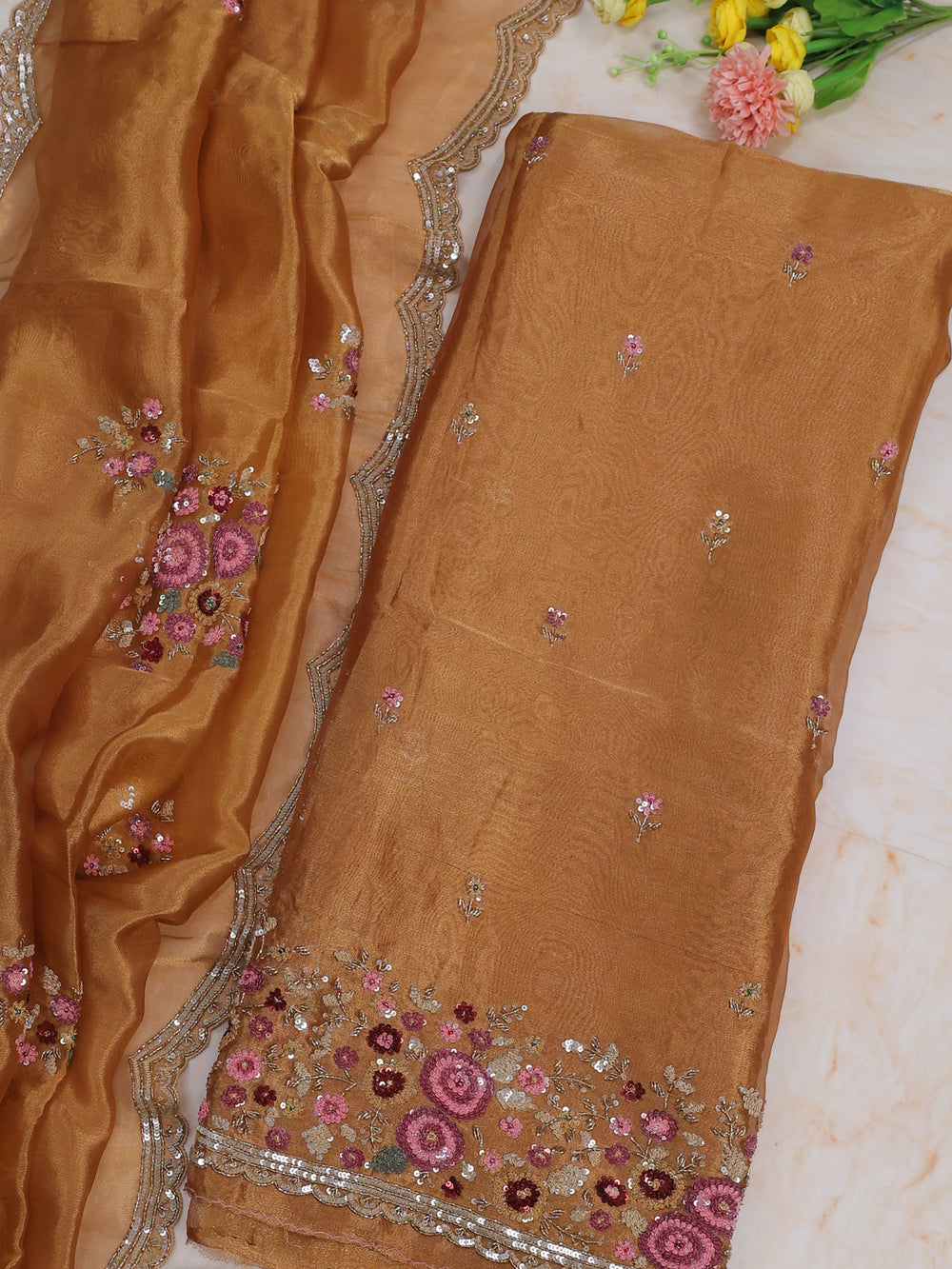 Mustard Tissue Unstitched Suit