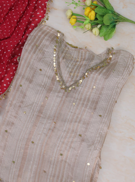 Beige-Red Tissue Semi Stitched Suit
