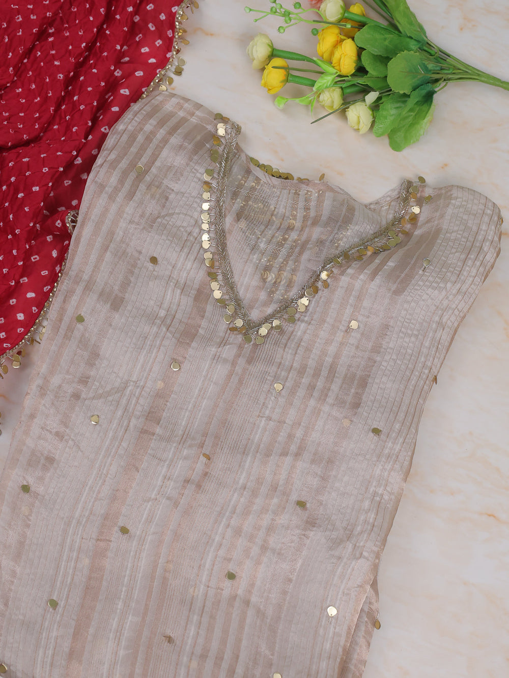 Beige-Red Tissue Semi Stitched Suit