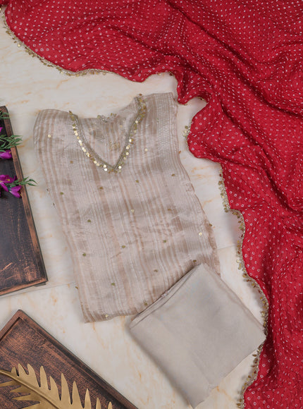 Beige-Red Tissue Semi Stitched Suit