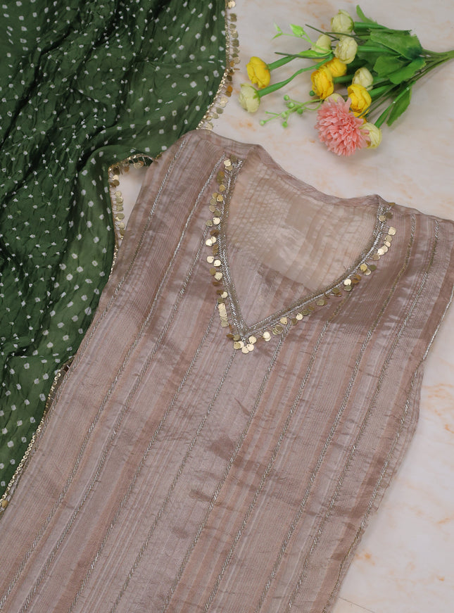 Beige-Green Tissue Semi Stitched Suit