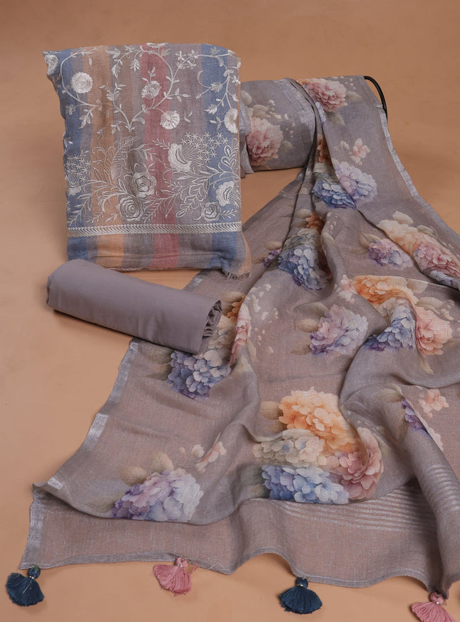 Multi Colour - Grey Linen Unstitched Suit