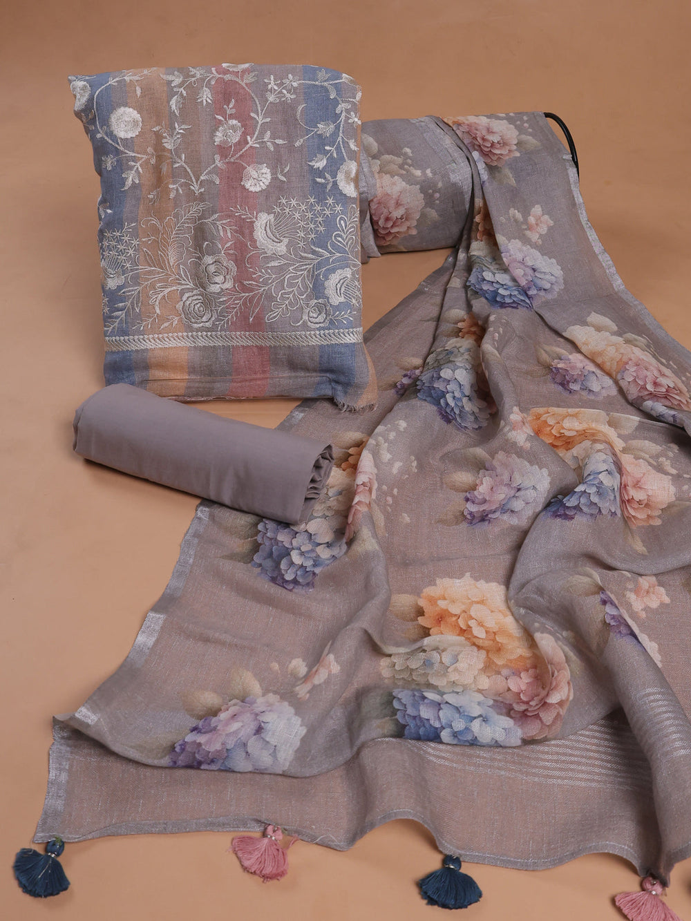 Multi Colour - Grey Linen Unstitched Suit