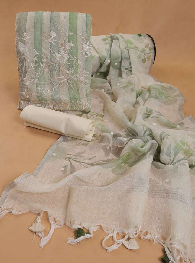 Off White - Green Linen Unstitched Suit