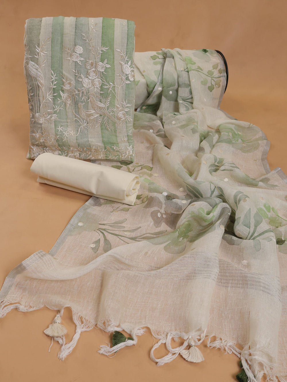 Off White - Green Linen Unstitched Suit