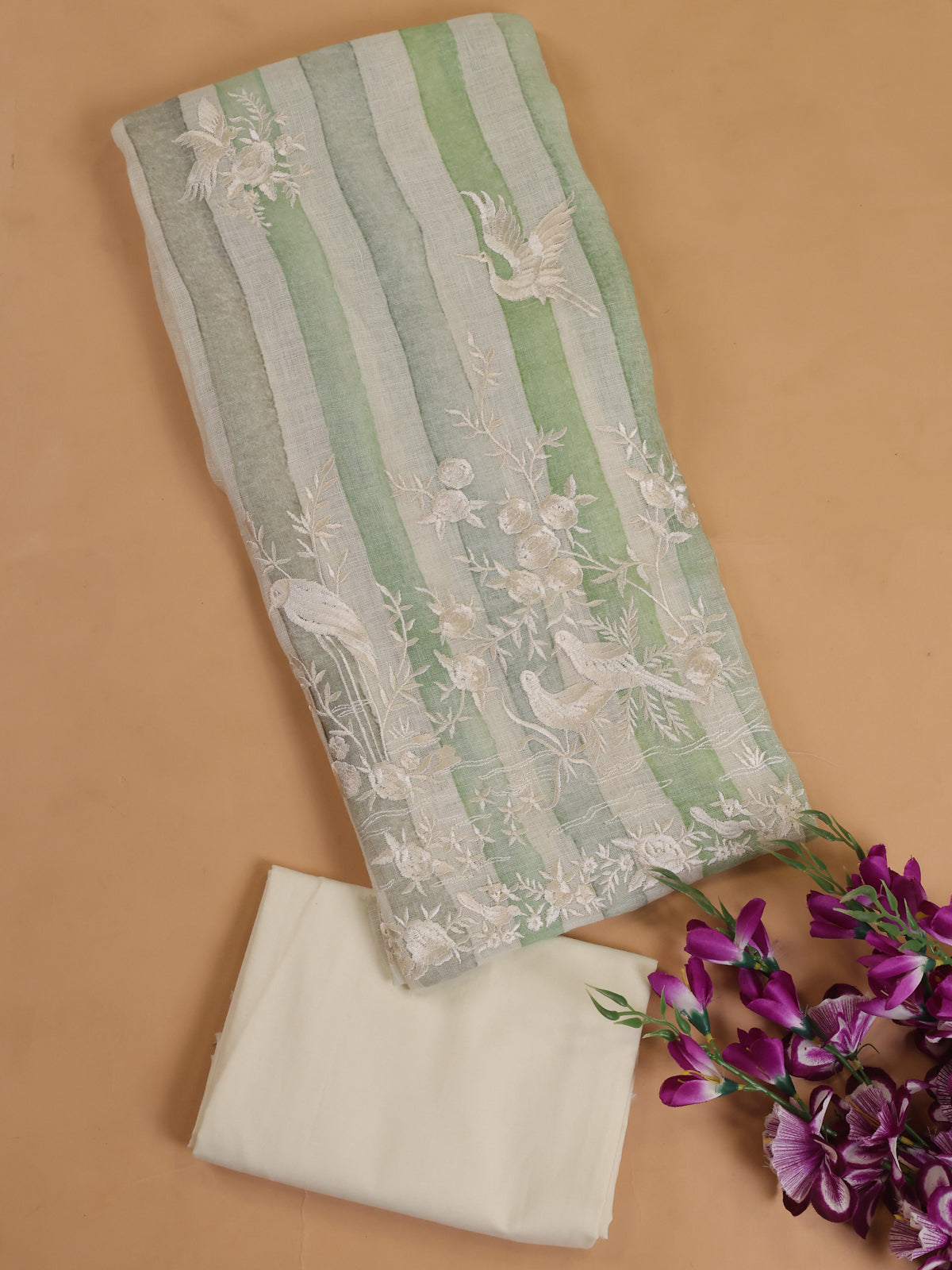 Off White - Green Linen Unstitched Suit