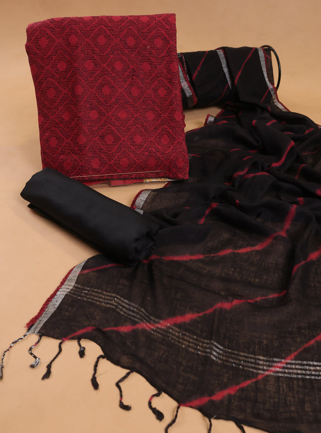 Maroon - Black Linen Unstitched Suit