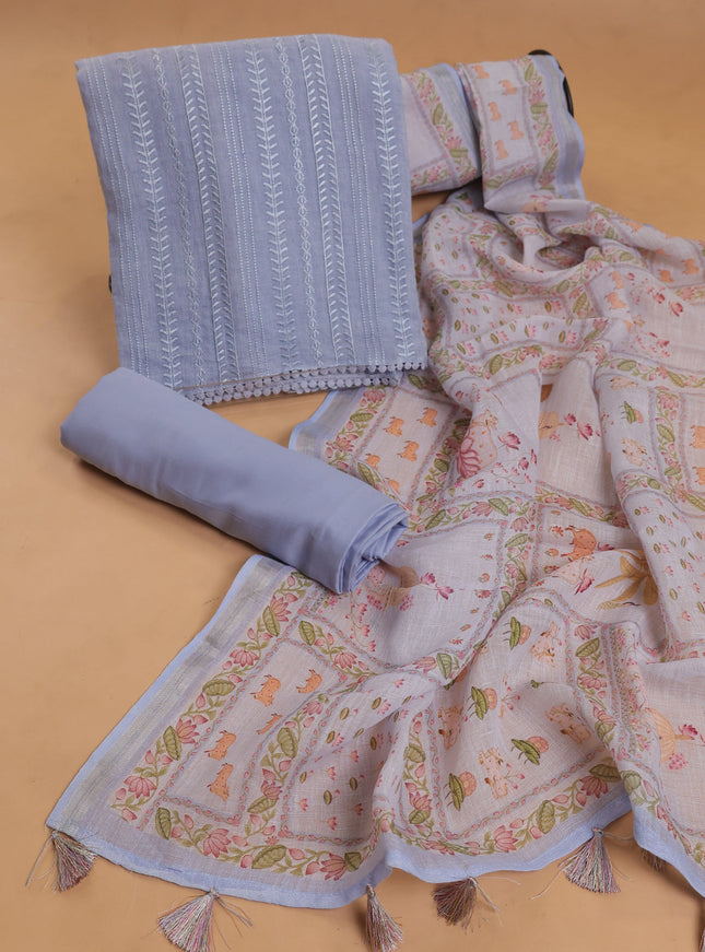 Bluish Grey Linen Unstitched Suit