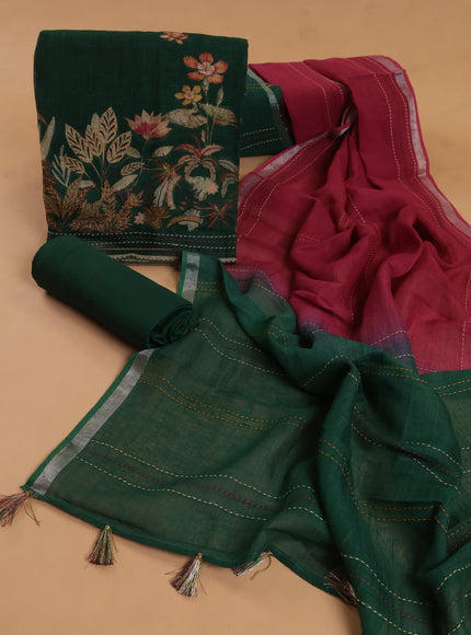 Bottle Green - Maroon Linen Unstitched Suit