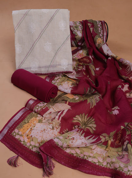 Off White - Dark Magenta Linen Unstitched Suit