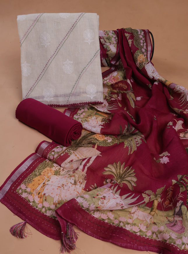 Off White - Dark Magenta Linen Unstitched Suit
