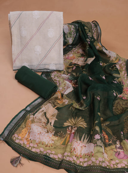 Off White - Bottle Green Linen Unstitched Suit