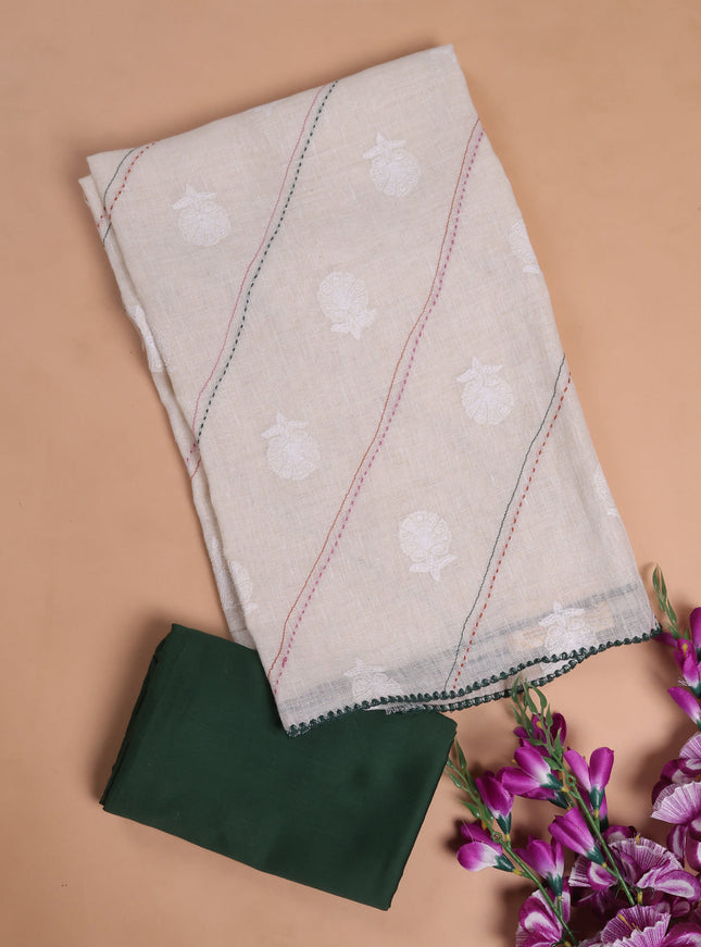 Off White - Bottle Green Linen Unstitched Suit
