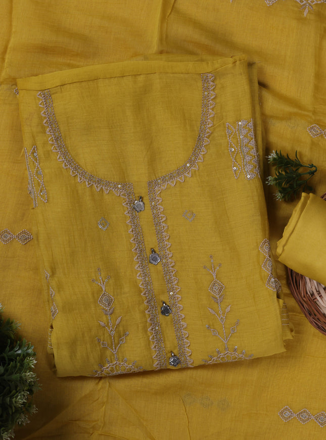 Yellow Mul Chanderi Unstitched Suit