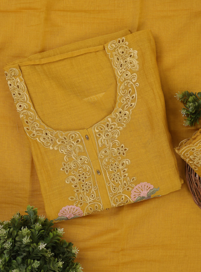 Yellow Mul Chanderi Unstitched Suit
