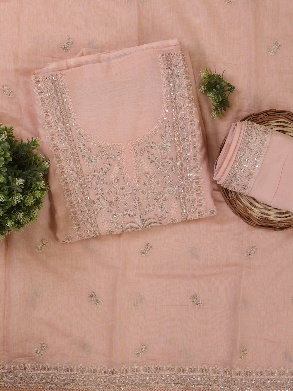 Peach Mul Chanderi Unstitched Suit