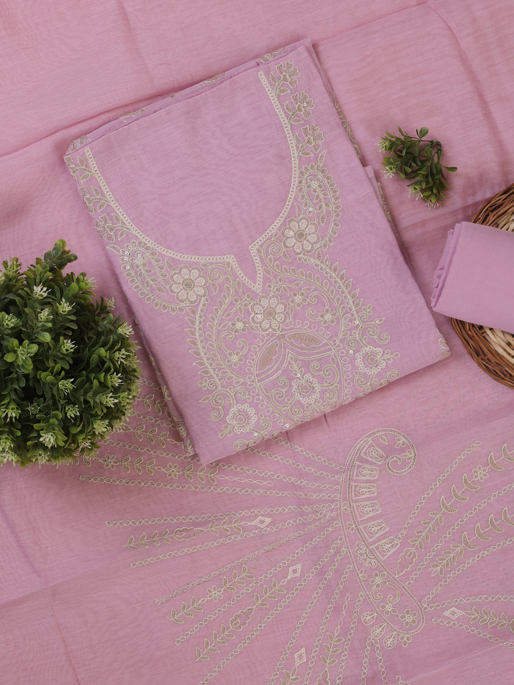 Lavender Mul Chanderi Unstitched Suit