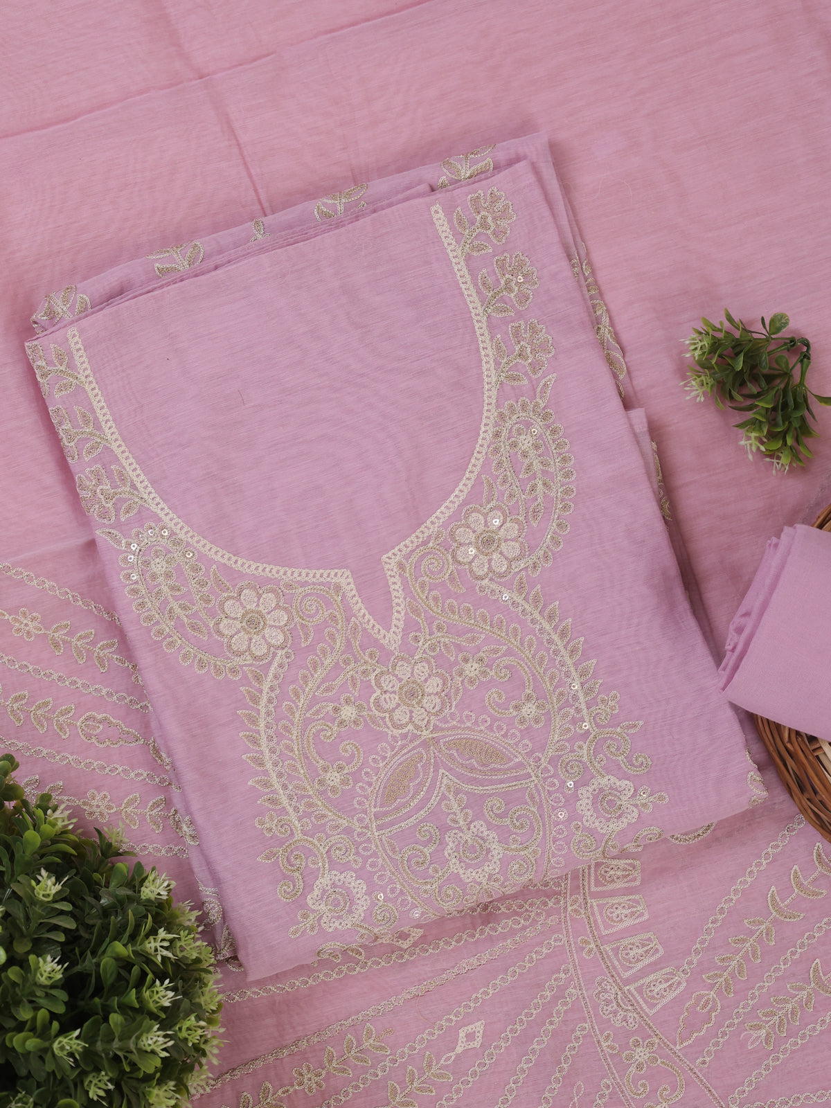 Lavender Mul Chanderi Unstitched Suit