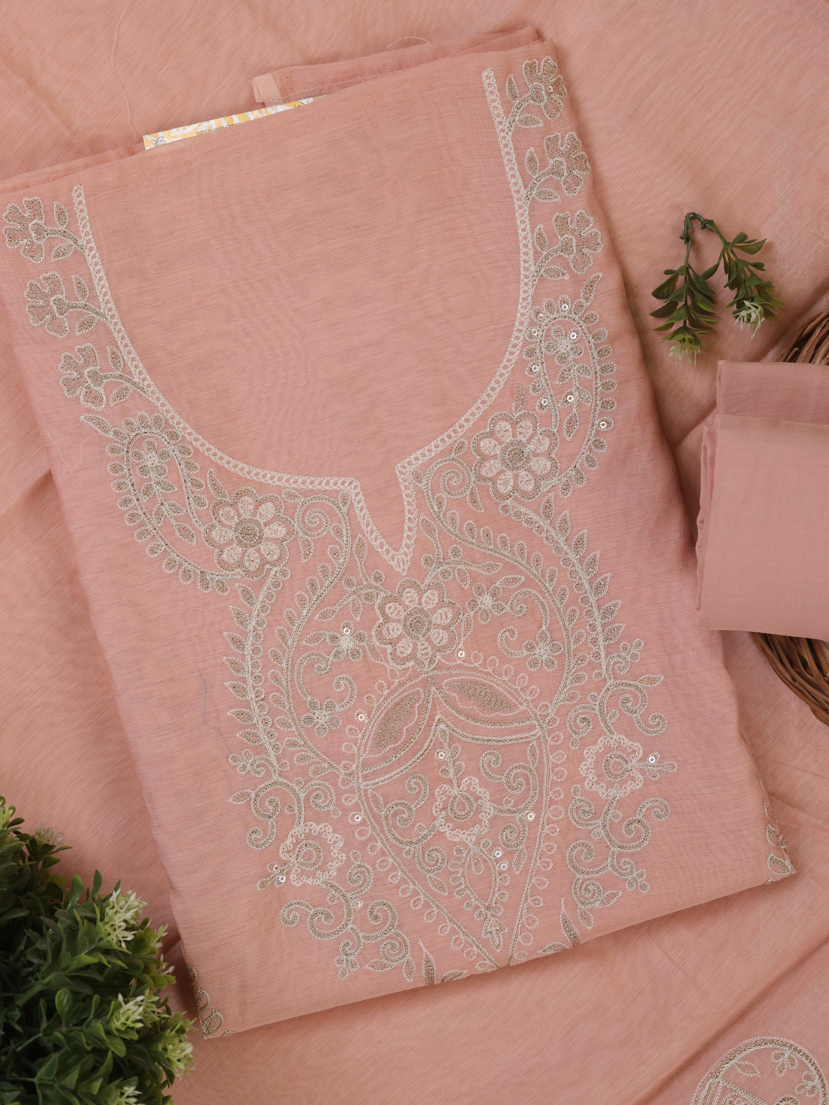 Peach Mul Chanderi Unstitched Suit