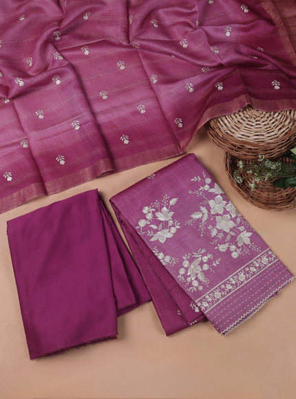 Magenta Pink Tussar Embroidery Unstitched Suit