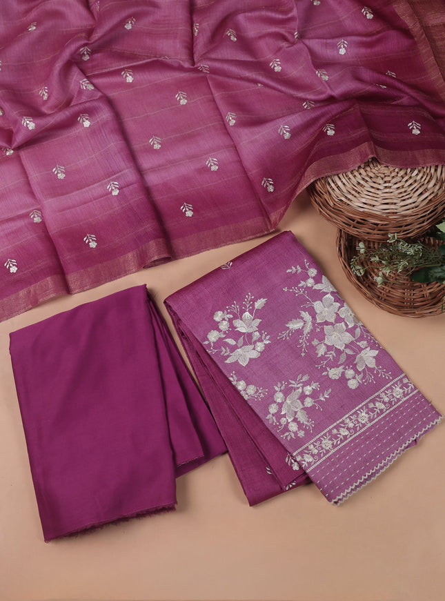 Magenta Pink Tussar Embroidery Unstitched Suit
