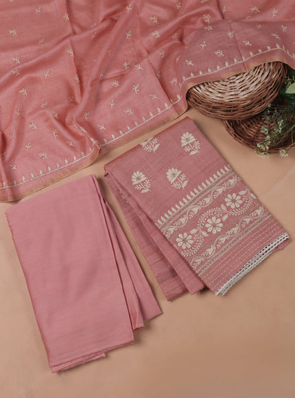 Peach Tussar Embroidery Unstitched Suit