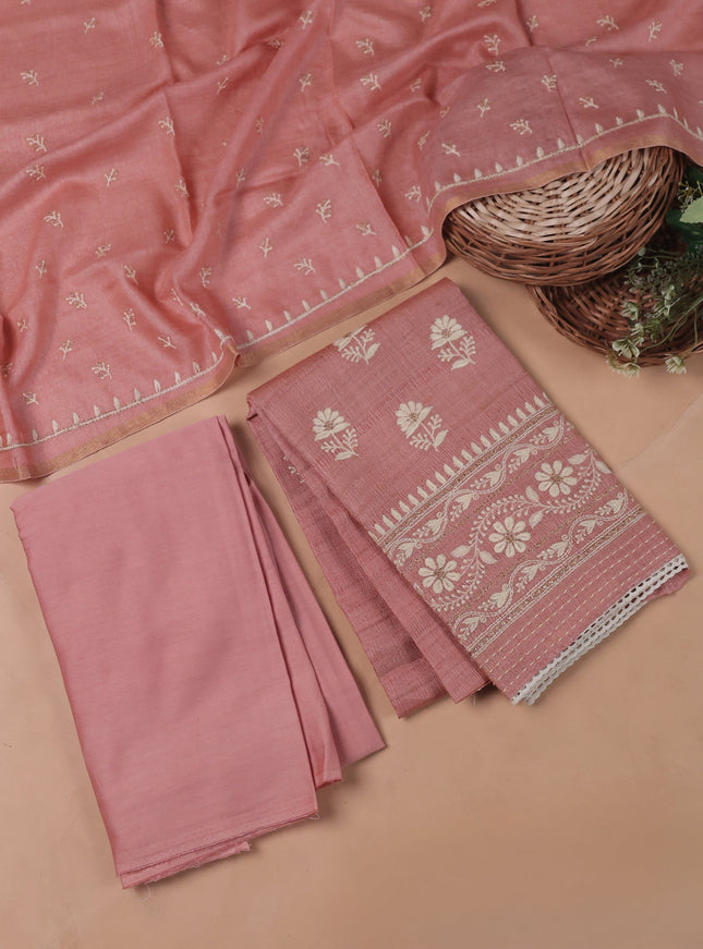 Peach Tussar Embroidery Unstitched Suit