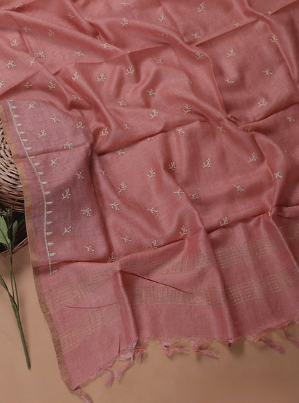 Peach Tussar Embroidery Unstitched Suit